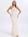 Cream Floral  Halter Neck Mermaid Gown